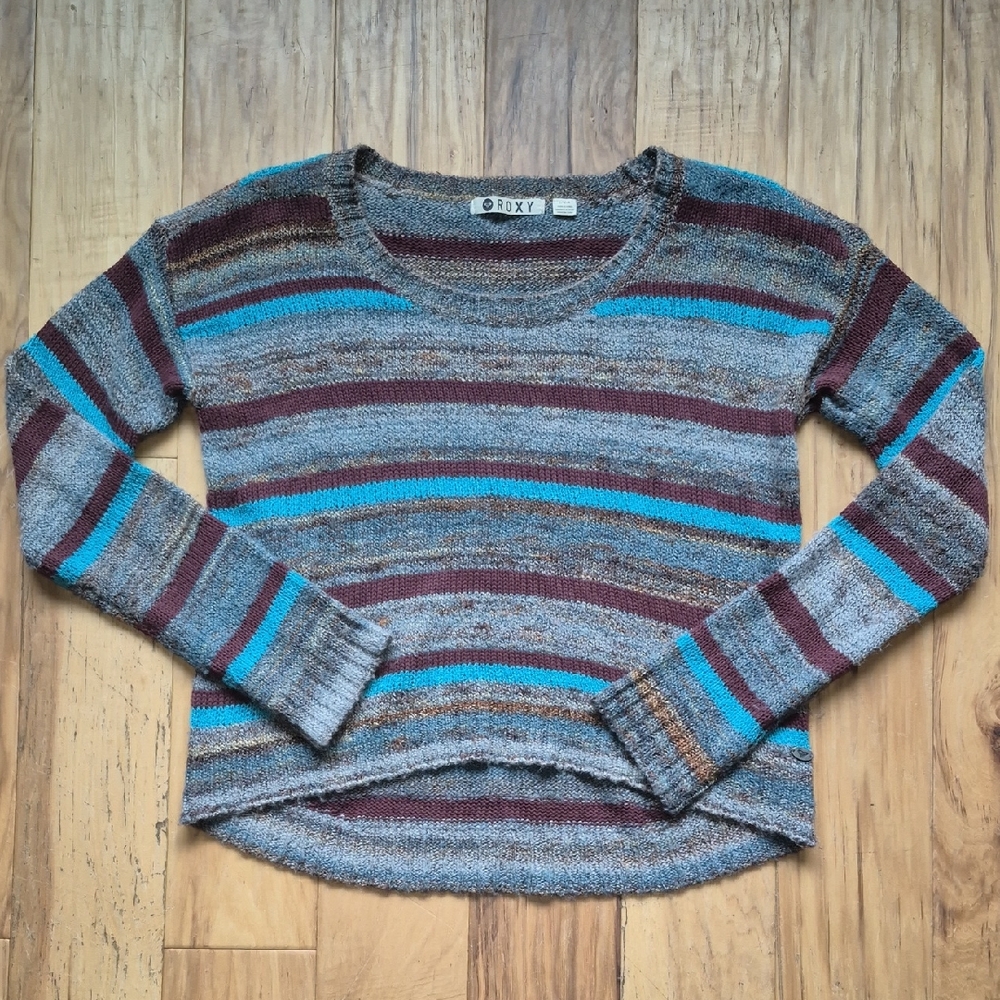 Roxy Grey, Turqoise, Maroon and Brown Striped Sweater